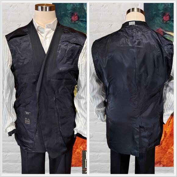 Jos A Bank Signature 44L 36x31 Navy Blue Bankers Stripe Classic Staple Suit - Picture 5 of 16